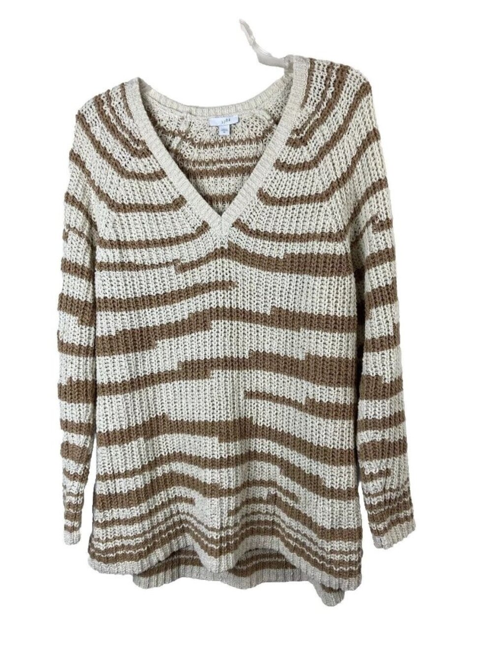 J JILL  Womens XL Striped V Neck Sweater Barley Knit Pullover casual coastal